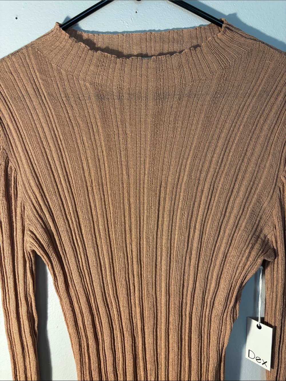 Dex Slim Ribbed Long-Sleeve Sheer Top in Camel Brown
